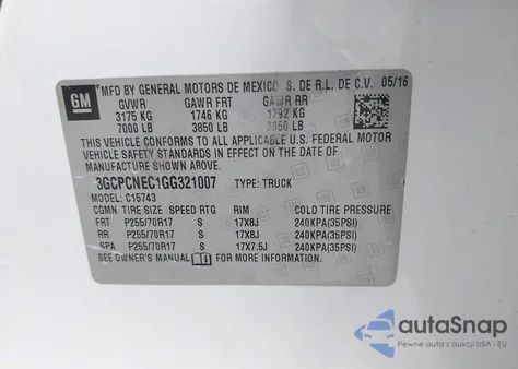 2016 Chevrolet Silverado 1500 Wt из США, поврежденный, VIN 3GCPCNEC1GG321007